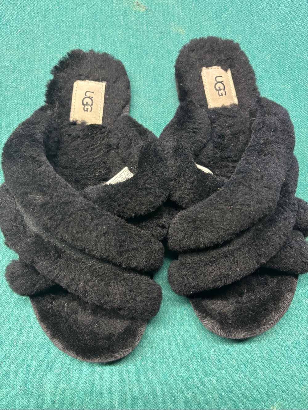 UGG Black Plush Crisscross Slide Sandals